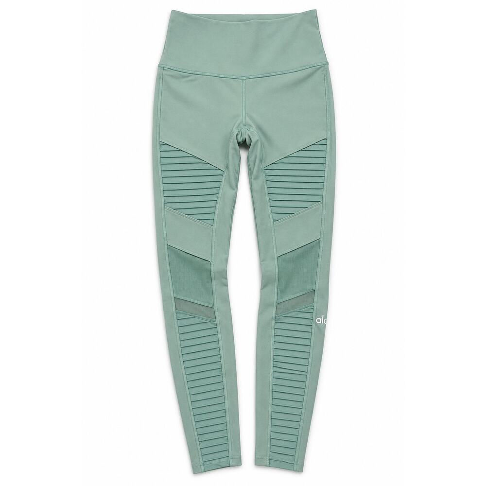 Alo Yoga High-Waist Moto Leggings Sage Green Full Length Mesh Panel Yoga Pants M